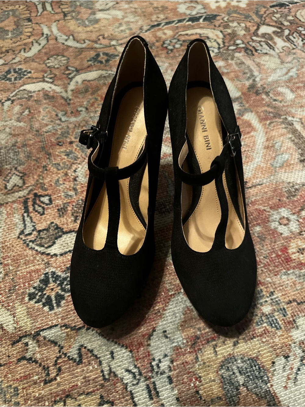 Gianni Bini Black T-Strap Suede-Look Heels